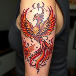 A unique tattoo design inspired by mythological themes, featuring a majestic phoenix rising from flames, intertwined with intricate floral patterns symbolizing rebirth and transformation