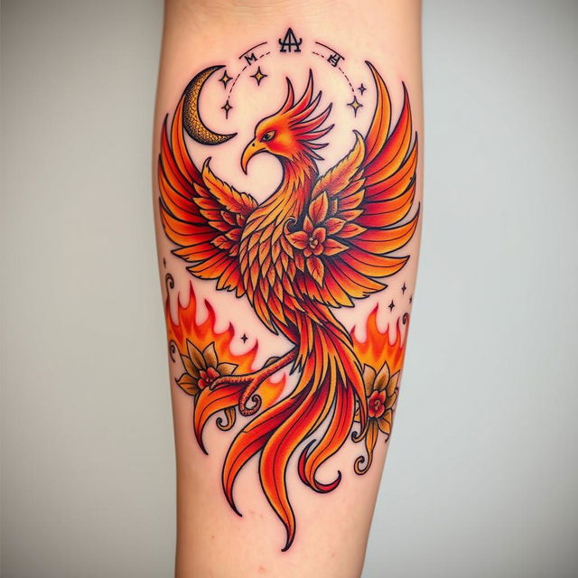 A unique tattoo design inspired by mythological themes, featuring a majestic phoenix rising from flames, intertwined with intricate floral patterns symbolizing rebirth and transformation