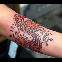 A unique tattoo design inspired by mythological themes, featuring a majestic phoenix rising from flames, intertwined with intricate floral patterns symbolizing rebirth and transformation