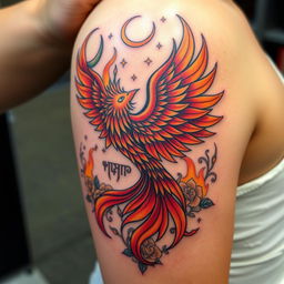 A unique tattoo design inspired by mythological themes, featuring a majestic phoenix rising from flames, intertwined with intricate floral patterns symbolizing rebirth and transformation