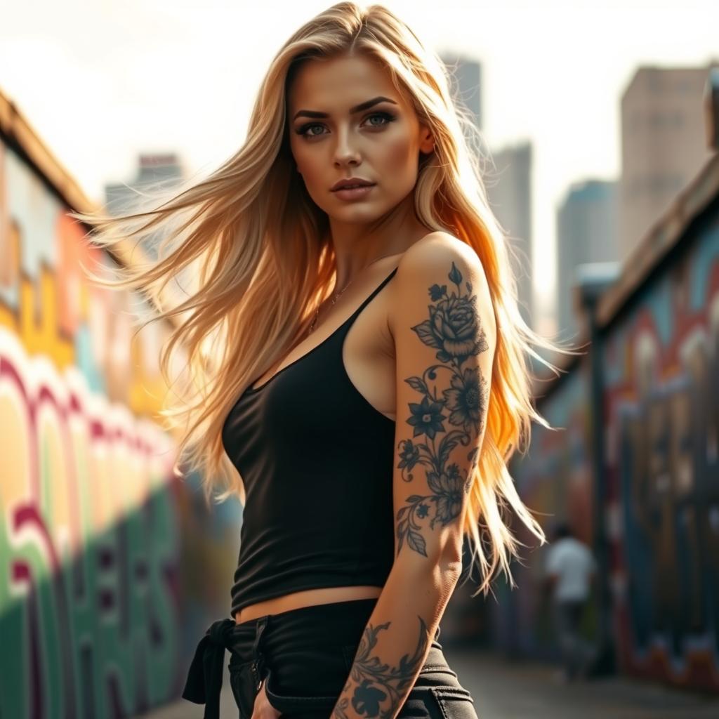 A stunning blonde girl with a prominent tattoo on her arm, wearing a stylish outfit that highlights her figure