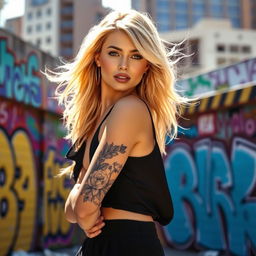 A stunning blonde girl with a prominent tattoo on her arm, wearing a stylish outfit that highlights her figure