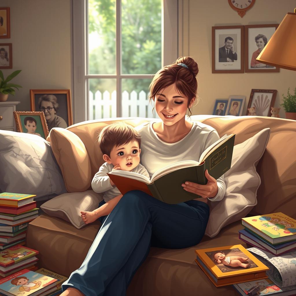 A heartwarming scene depicting a mother sitting on a cozy couch, sharing stories with her child, surrounded by nostalgic family photos and colorful children's books scattered around