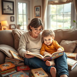 A heartwarming scene depicting a mother sitting on a cozy couch, sharing stories with her child, surrounded by nostalgic family photos and colorful children's books scattered around