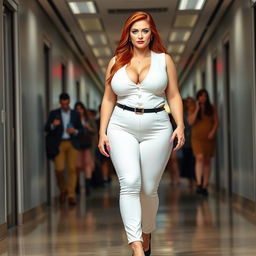 A full-length portrait of an hourglass-shaped, beautiful plump woman with striking flame red hair and stunning crystal blue eyes