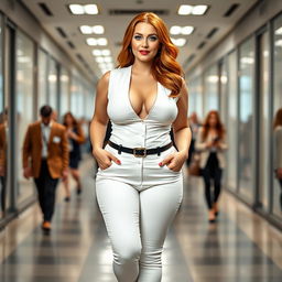 A full-length portrait of an hourglass-shaped, beautiful plump woman with striking flame red hair and stunning crystal blue eyes