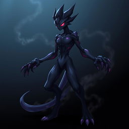 A character design of a Digimon named Abyss-Mon, featuring a humanlike body that is tall and thin