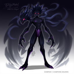 A character design of a Digimon named Abyss-Mon, featuring a humanlike body that is tall and thin