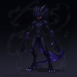 A character design of a Digimon named Abyss-Mon, featuring a humanlike body that is tall and thin