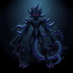 A character design of a Digimon named Abyss-Mon, featuring a humanlike body that is tall and thin