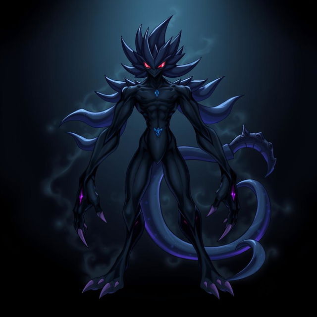 A character design of a Digimon named Abyss-Mon, featuring a humanlike body that is tall and thin