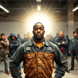 A Black man in mechanic work clothing, standing proudly with a radiant divine light surrounding him, as if he has just finished his work