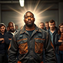 A Black man in mechanic work clothing, standing proudly with a radiant divine light surrounding him, as if he has just finished his work