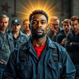 A Black man in mechanic work clothing, standing proudly with a radiant divine light surrounding him, as if he has just finished his work