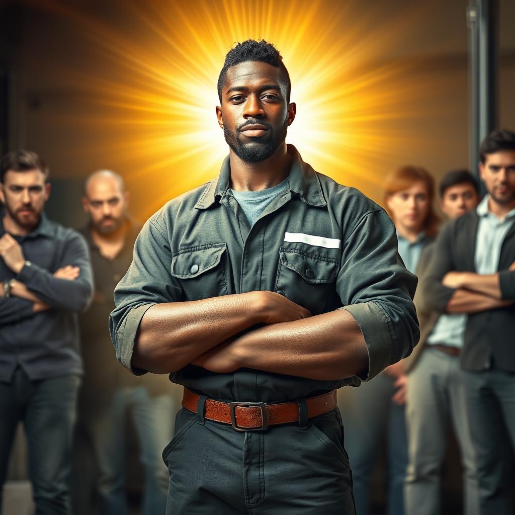 A Black man in mechanic work clothing, standing proudly with a radiant divine light surrounding him, as if he has just finished his work
