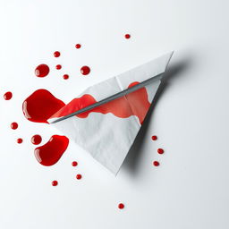 A paper plane, soaked in vivid red blood, lying on a stark white surface
