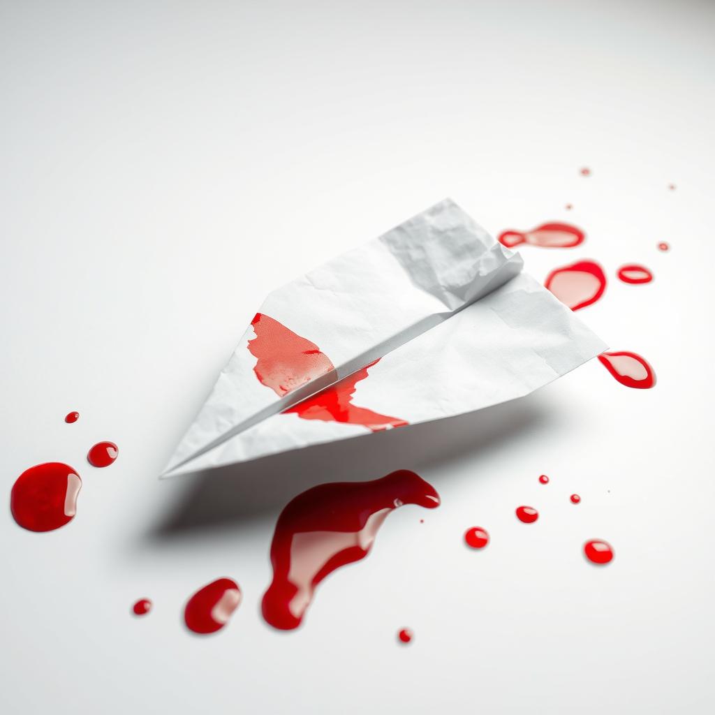 A paper plane, soaked in vivid red blood, lying on a stark white surface