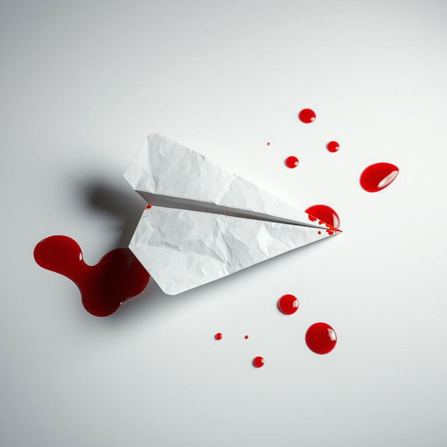 A paper plane, soaked in vivid red blood, lying on a stark white surface