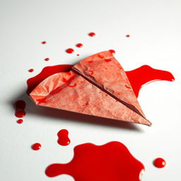 A paper plane, soaked in vivid red blood, lying on a stark white surface