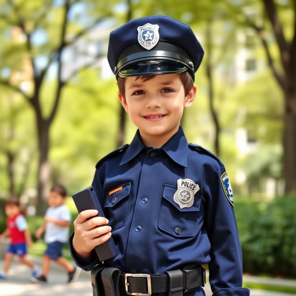 A young boy dressed as a police officer, wearing a navy blue police uniform complete with a badge, a utility belt, and a cap, standing confidently with a friendly smile