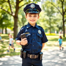 A young boy dressed as a police officer, wearing a navy blue police uniform complete with a badge, a utility belt, and a cap, standing confidently with a friendly smile