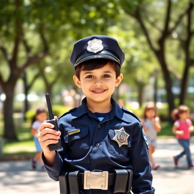 A young boy dressed as a police officer, wearing a navy blue police uniform complete with a badge, a utility belt, and a cap, standing confidently with a friendly smile