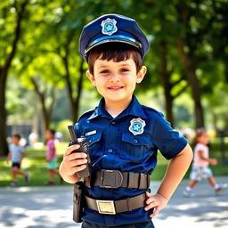 A young boy dressed as a police officer, wearing a navy blue police uniform complete with a badge, a utility belt, and a cap, standing confidently with a friendly smile