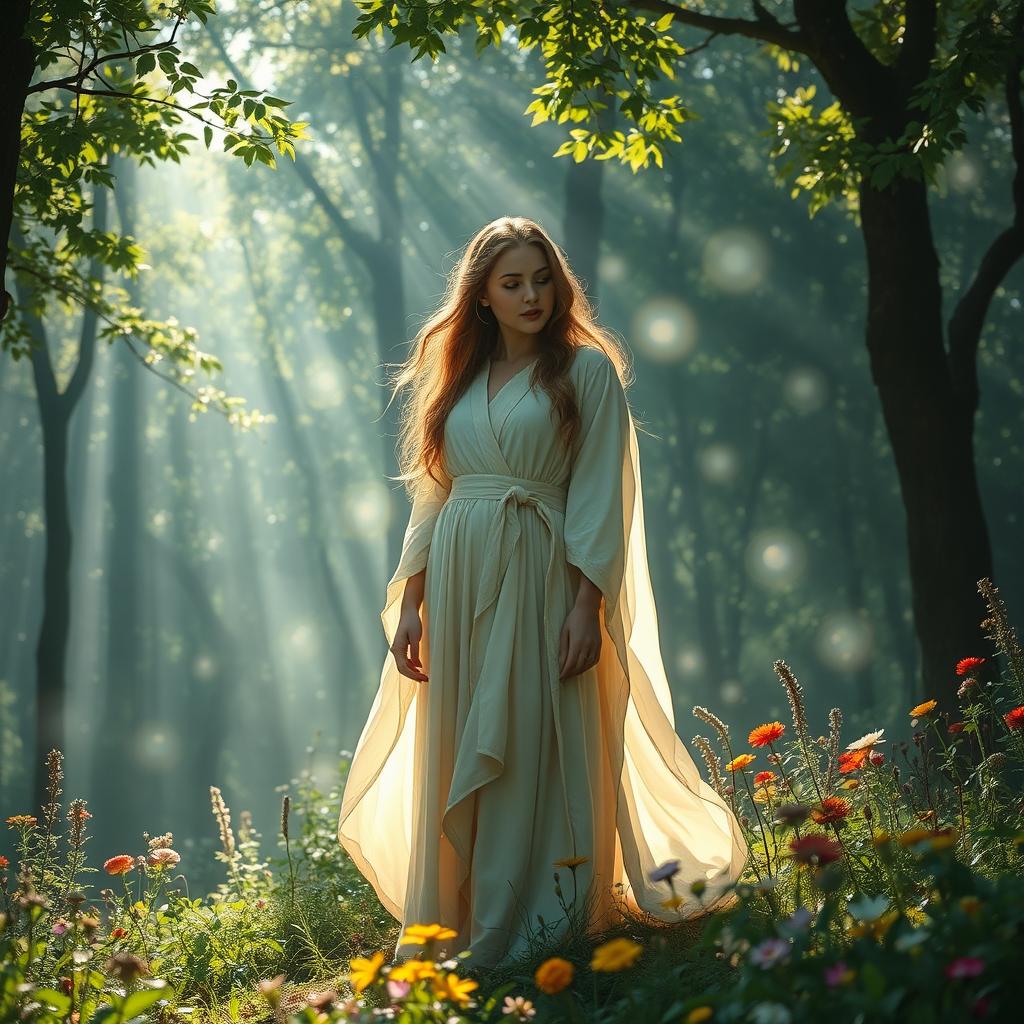 An elegant composition featuring a beautiful and mysterious female figure, dressed in flowing robes, standing in a captivating forest with dappled sunlight filtering through the leaves