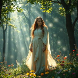 An elegant composition featuring a beautiful and mysterious female figure, dressed in flowing robes, standing in a captivating forest with dappled sunlight filtering through the leaves