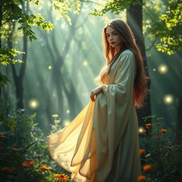 An elegant composition featuring a beautiful and mysterious female figure, dressed in flowing robes, standing in a captivating forest with dappled sunlight filtering through the leaves