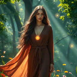 An elegant composition featuring a beautiful and mysterious female figure, dressed in flowing robes, standing in a captivating forest with dappled sunlight filtering through the leaves