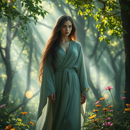An elegant composition featuring a beautiful and mysterious female figure, dressed in flowing robes, standing in a captivating forest with dappled sunlight filtering through the leaves