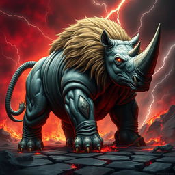 A monstrous hybrid creature combining the massive, muscular body of a rhino with the sleek build of a lion