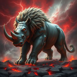 A monstrous hybrid creature combining the massive, muscular body of a rhino with the sleek build of a lion