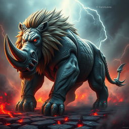 A monstrous hybrid creature combining the massive, muscular body of a rhino with the sleek build of a lion