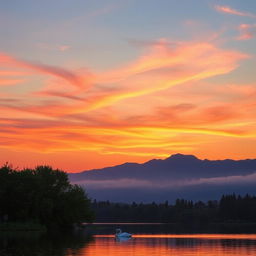A stunning, serene landscape at sunset over a tranquil lake