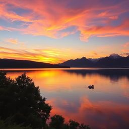 A stunning, serene landscape at sunset over a tranquil lake