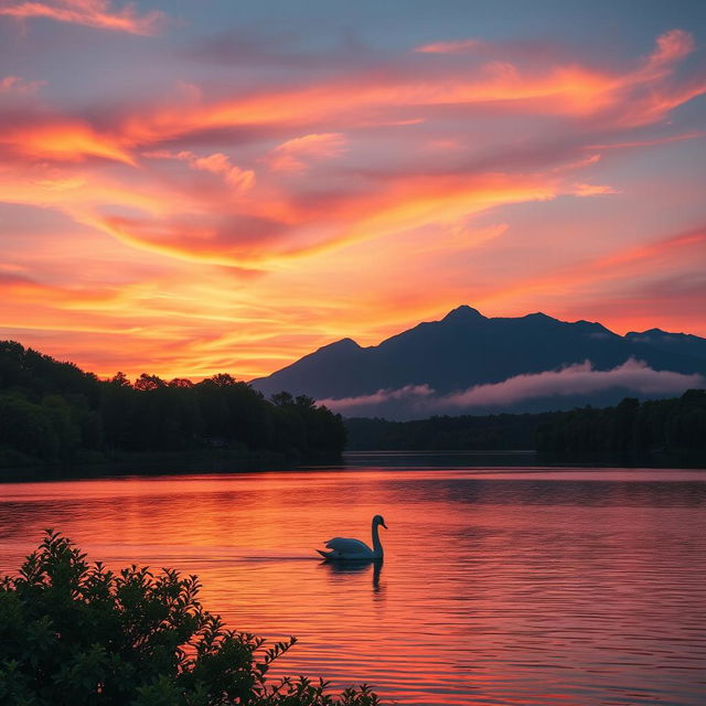 A stunning, serene landscape at sunset over a tranquil lake