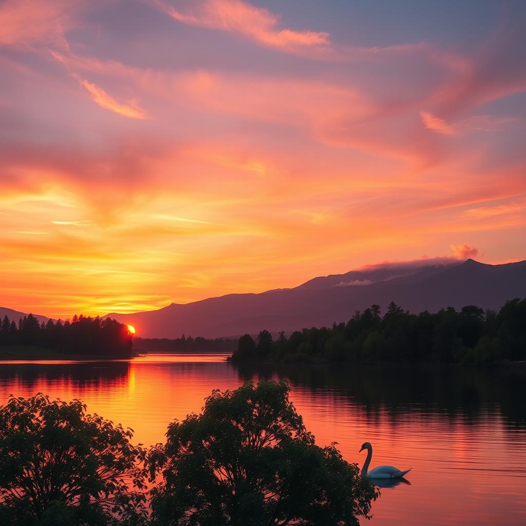 A stunning, serene landscape at sunset over a tranquil lake