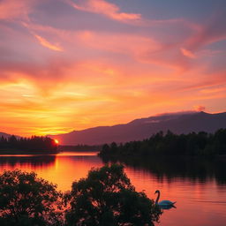 A stunning, serene landscape at sunset over a tranquil lake