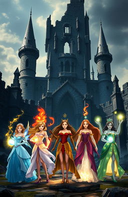 In a fantastical scene, a shattered majestic castle looms in the background, its crumbled towers and dark stone reflecting an aura of mystery