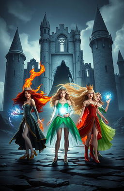 In a fantastical scene, a shattered majestic castle looms in the background, its crumbled towers and dark stone reflecting an aura of mystery
