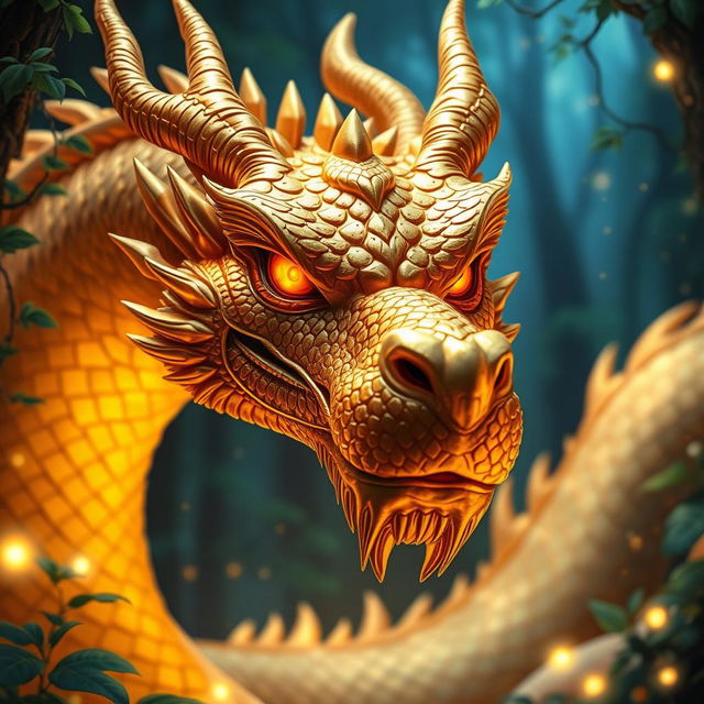 A stunning close-up of a golden dragon with intricate scales and a fierce expression, surrounded by a mystical forest background