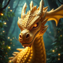 A stunning close-up of a golden dragon with intricate scales and a fierce expression, surrounded by a mystical forest background