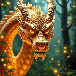 A stunning close-up of a golden dragon with intricate scales and a fierce expression, surrounded by a mystical forest background