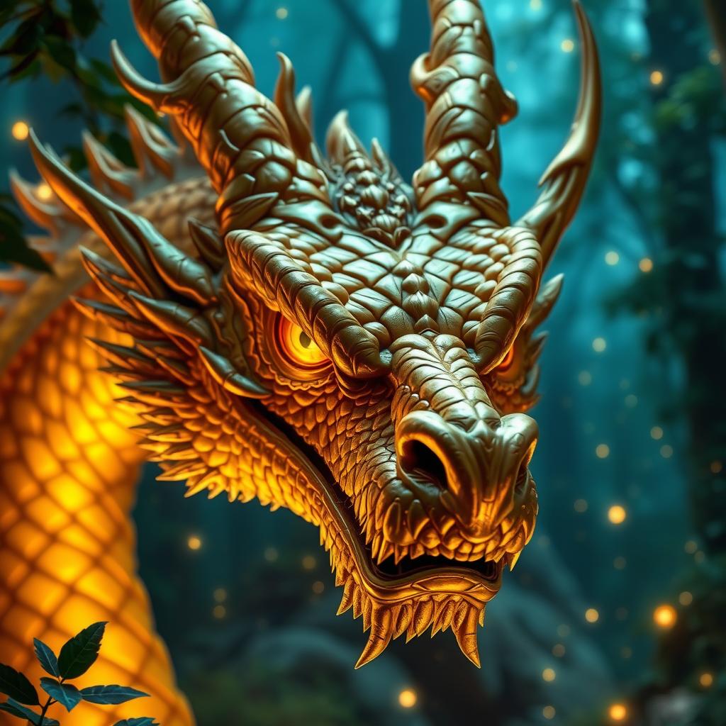 A stunning close-up of a golden dragon with intricate scales and a fierce expression, surrounded by a mystical forest background