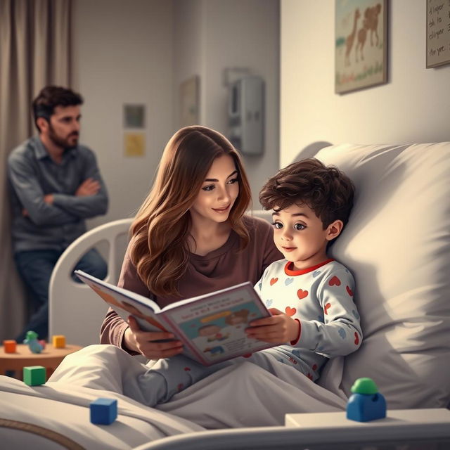 A poignant and emotional scene depicting a woman in her mid-30s, with long wavy brown hair, sitting beside a hospital bed, reading a storybook to a young boy with curly hair and big expressive eyes, who is wearing pajamas and has a cheerful demeanor despite his illness