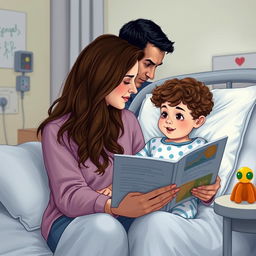 A poignant and emotional scene depicting a woman in her mid-30s, with long wavy brown hair, sitting beside a hospital bed, reading a storybook to a young boy with curly hair and big expressive eyes, who is wearing pajamas and has a cheerful demeanor despite his illness