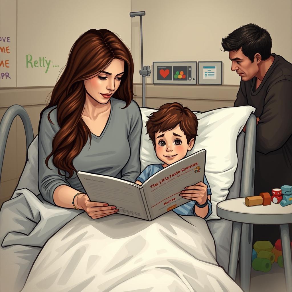 A poignant and emotional scene depicting a woman in her mid-30s, with long wavy brown hair, sitting beside a hospital bed, reading a storybook to a young boy with curly hair and big expressive eyes, who is wearing pajamas and has a cheerful demeanor despite his illness