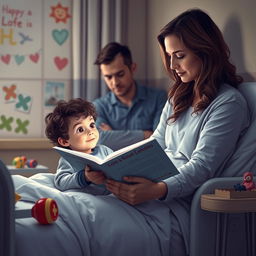 A poignant and emotional scene depicting a woman in her mid-30s, with long wavy brown hair, sitting beside a hospital bed, reading a storybook to a young boy with curly hair and big expressive eyes, who is wearing pajamas and has a cheerful demeanor despite his illness